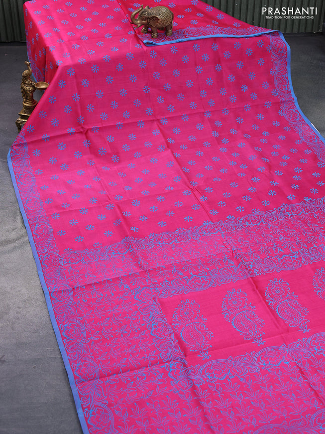 Silk cotton block printed saree pink and blue with allover floral butta prints and printed border