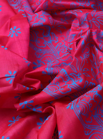 Silk cotton block printed saree pink and blue with allover floral butta prints and printed border