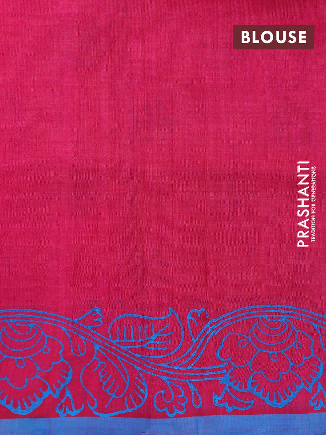 Silk cotton block printed saree pink and blue with allover floral butta prints and printed border