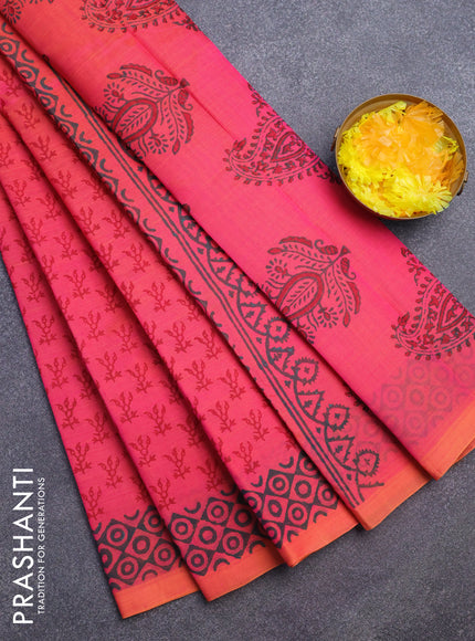 Silk cotton block printed saree dual shade of pinkish orange with allover butta prints and printed border