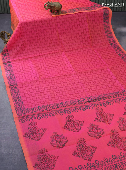 Silk cotton block printed saree dual shade of pinkish orange with allover butta prints and printed border