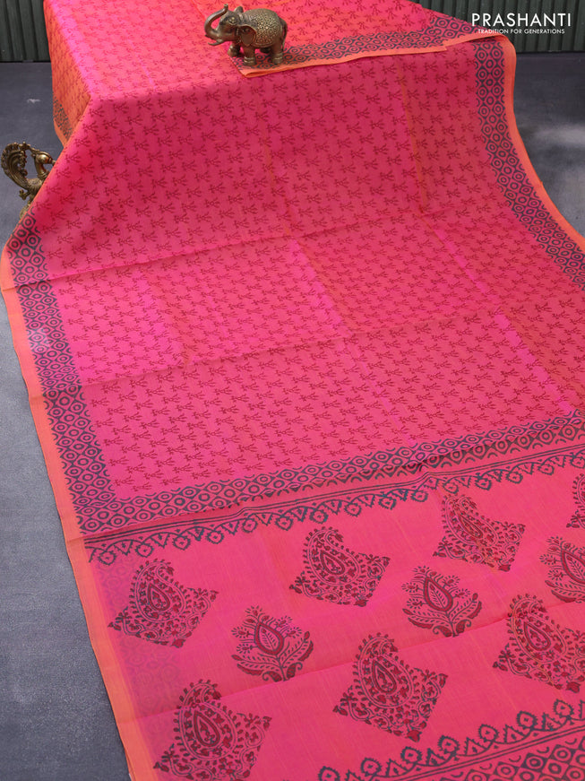 Silk cotton block printed saree dual shade of pinkish orange with allover butta prints and printed border