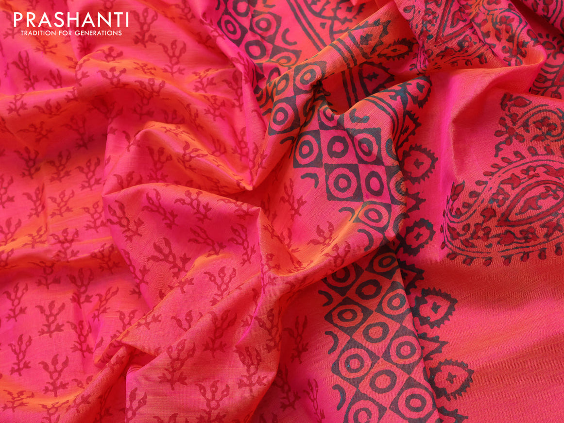 Silk cotton block printed saree dual shade of pinkish orange with allover butta prints and printed border