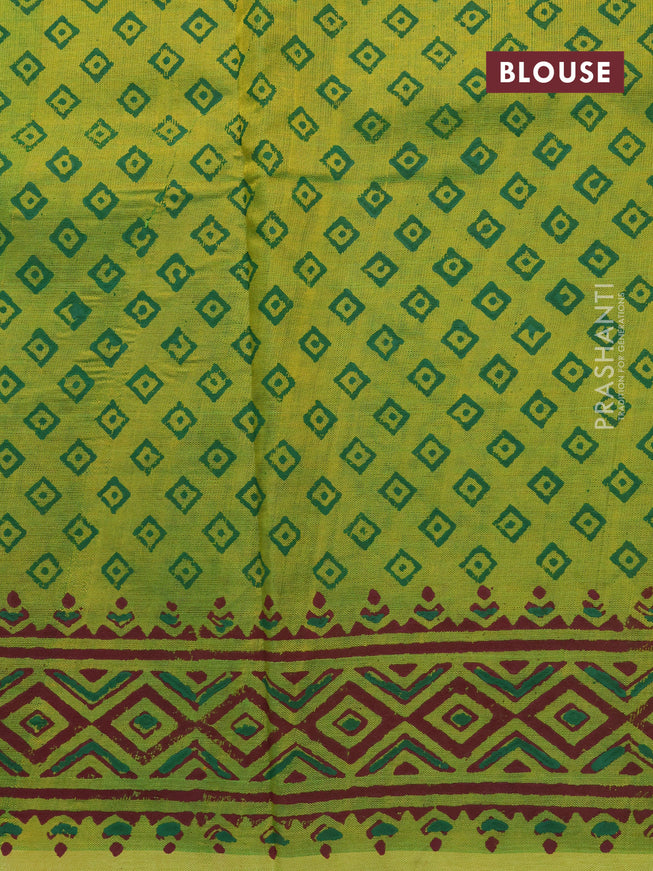 Silk cotton block printed saree light green with allover prints and printed border