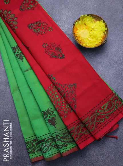 Silk cotton block printed saree light green and red with butta prints and printed border