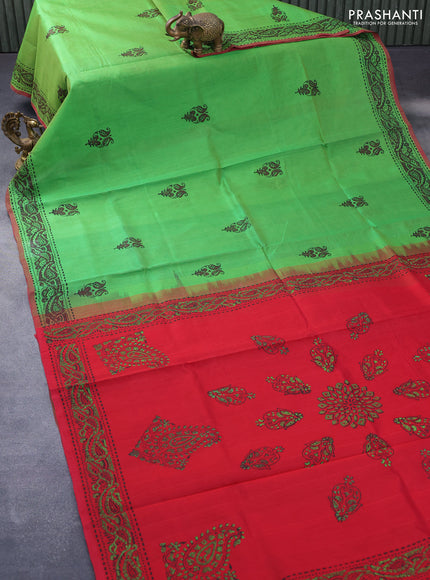 Silk cotton block printed saree light green and red with butta prints and printed border