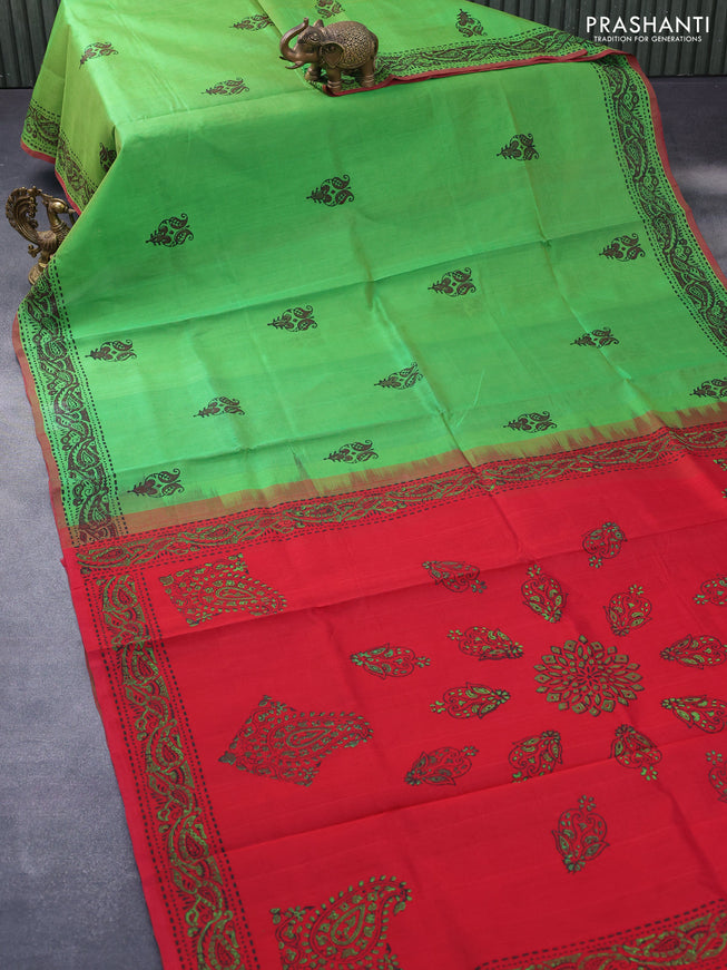 Silk cotton block printed saree light green and red with butta prints and printed border