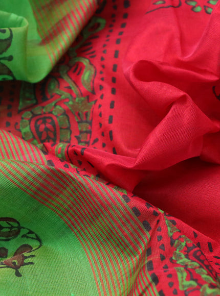 Silk cotton block printed saree light green and red with butta prints and printed border