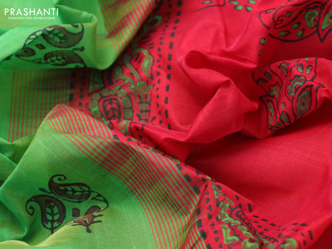 Silk cotton block printed saree light green and red with butta prints and printed border