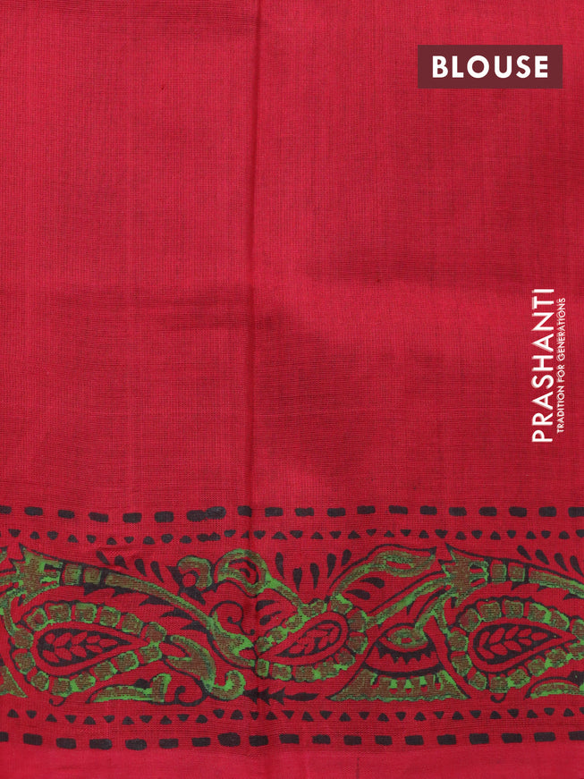 Silk cotton block printed saree light green and red with butta prints and printed border