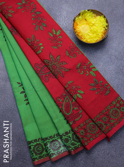 Silk cotton block printed saree light green and red with butta prints and printed border