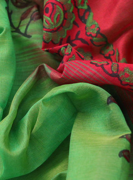 Silk cotton block printed saree light green and red with butta prints and printed border