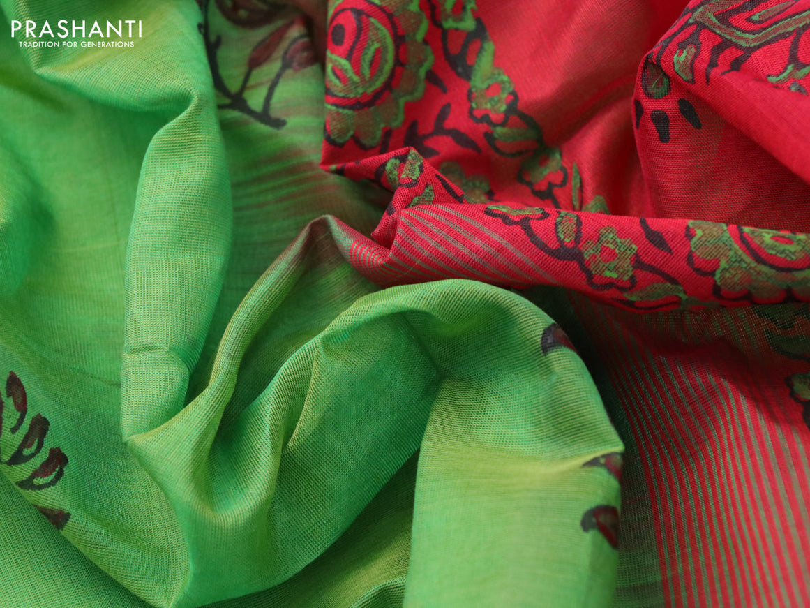 Silk cotton block printed saree light green and red with butta prints and printed border