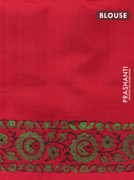 Silk cotton block printed saree light green and red with butta prints and printed border