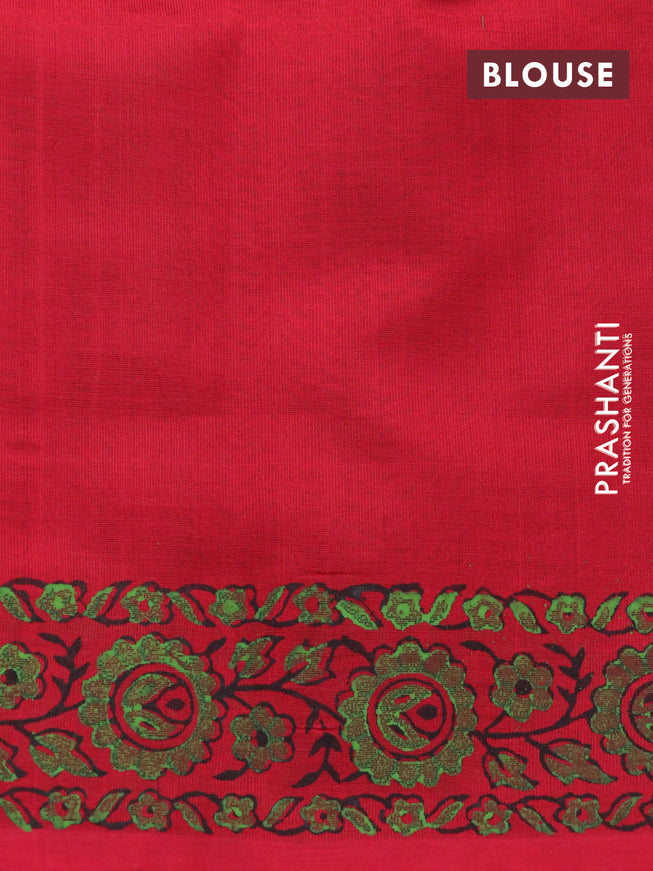 Silk cotton block printed saree light green and red with butta prints and printed border