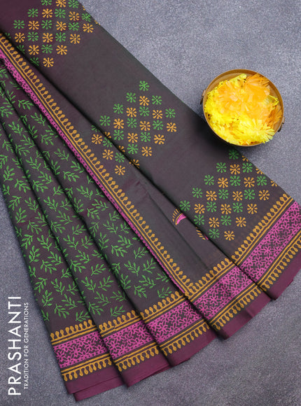 Silk cotton block printed saree bottle green and wine shade with allover prints and printed border