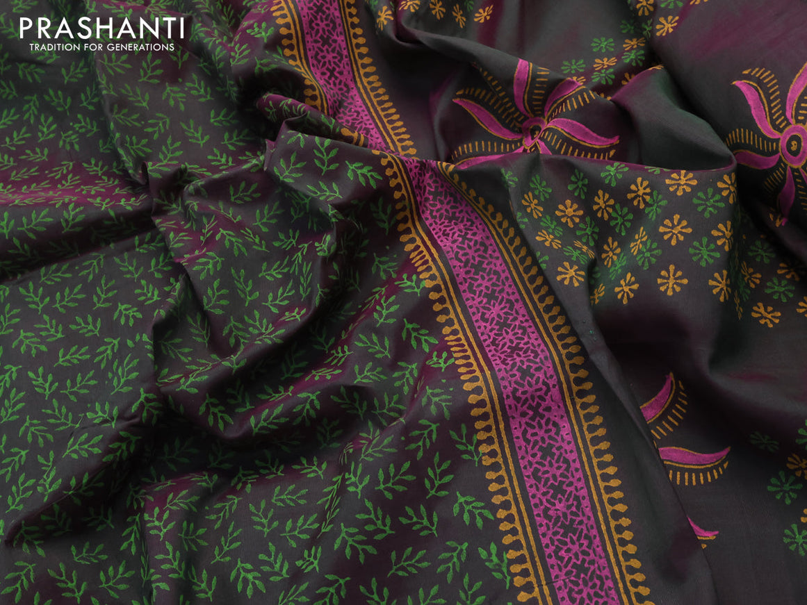 Silk cotton block printed saree bottle green and wine shade with allover prints and printed border