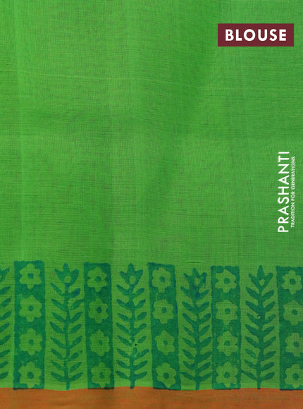 Silk cotton block printed saree light green and orange with allover butta prints and printed border