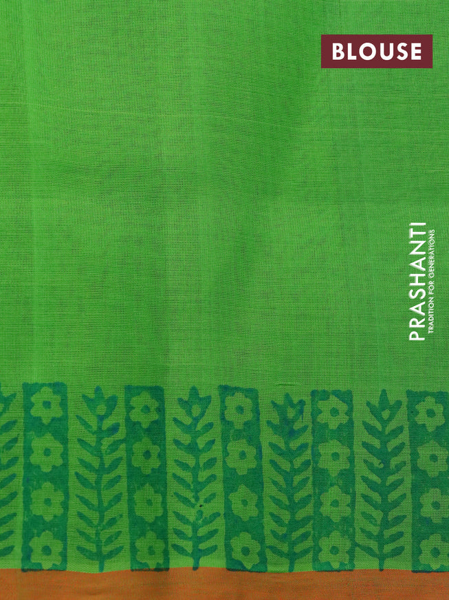 Silk cotton block printed saree light green and orange with allover butta prints and printed border