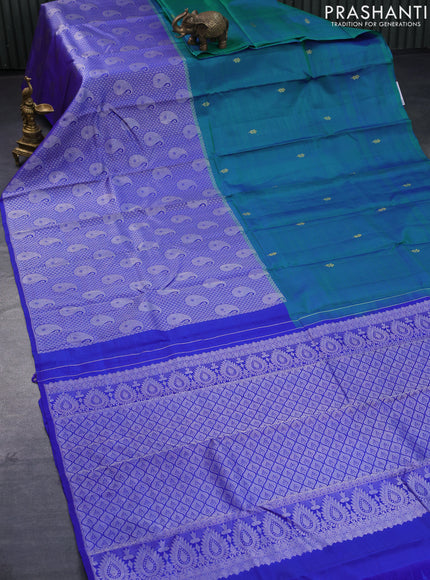 Pure kanjivaram silk saree dual shade of green and blue with half & half style and zari woven border