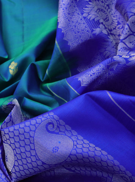 Pure kanjivaram silk saree dual shade of green and blue with half & half style and zari woven border