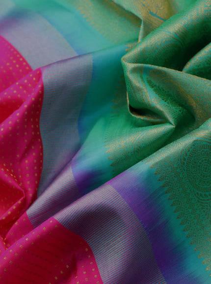 Pure kanjivaram silk saree pink and teal green with allover zari woven butta weaves and long zari woven korvai border