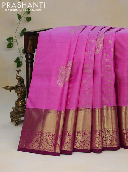 Pure kanjivaram silk saree pink and dark magenta pink with allover zari weaves and zari woven border