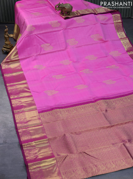 Pure kanjivaram silk saree pink and dark magenta pink with allover zari weaves and zari woven border