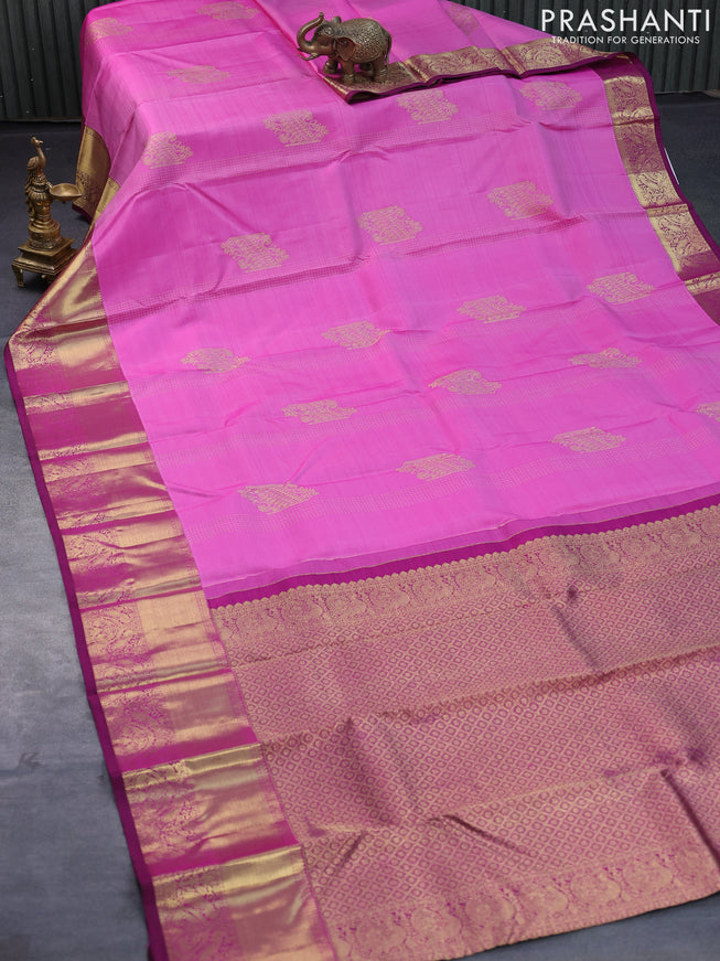 Pure kanjivaram silk saree pink and dark magenta pink with allover zari weaves and zari woven border