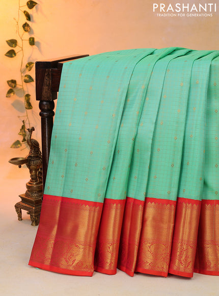 Pure kanjivaram silk saree teal green and dual shade of pink with allover zari checks & buttas and zari woven korvai border