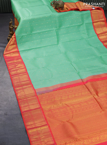 Pure kanjivaram silk saree teal green and dual shade of pink with allover zari checks & buttas and zari woven korvai border