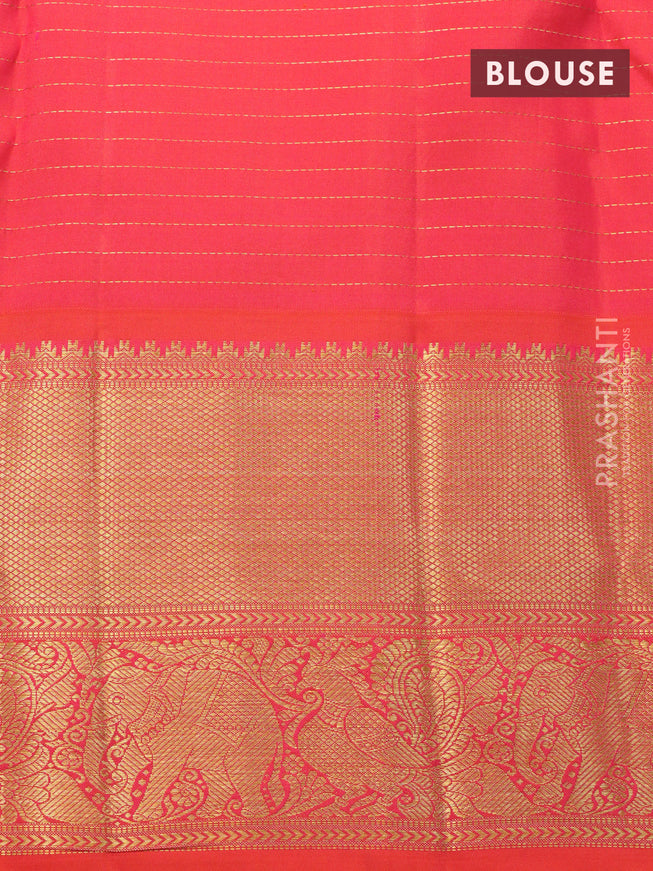 Pure kanjivaram silk saree teal green and dual shade of pink with allover zari checks & buttas and zari woven korvai border