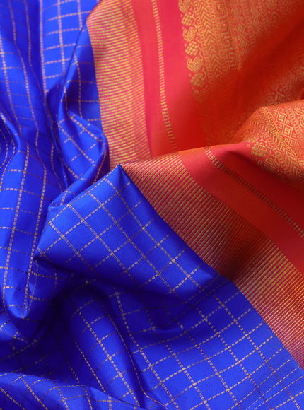 Pure kanjivaram silk saree blue and orange with allover zari checked pattern and annam zari woven border