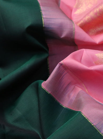 Pure kanjivaram silk saree dark green and light pink with allover zari weaves in borderless style