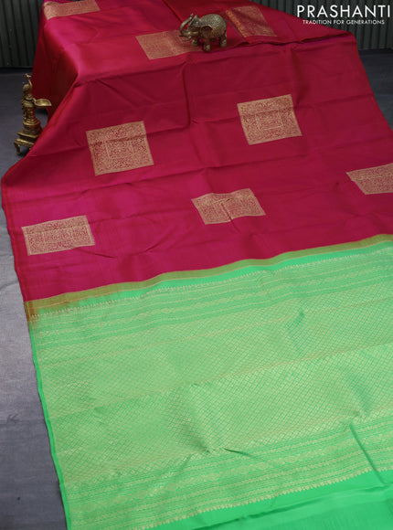 Pure kanjivaram silk saree dual shade of pinkish orange and light green with zari woven box type buttas in borderless style