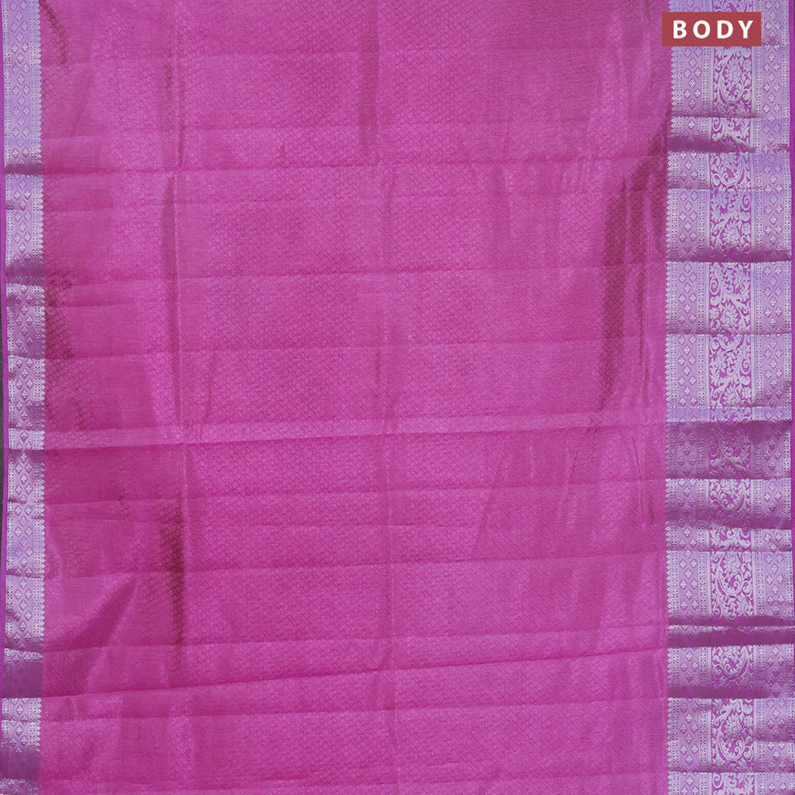 Semi raw silk saree dual shade of lavender with allover self emboss and long silver zari woven border