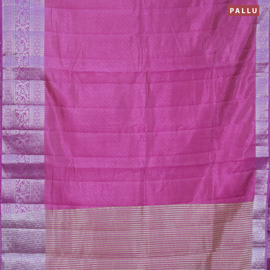 Semi raw silk saree dual shade of lavender with allover self emboss and long silver zari woven border