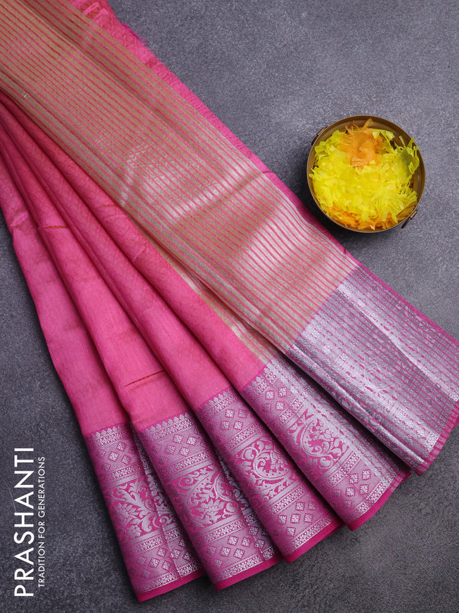 Semi raw silk saree dual shade of pink with allover self emboss and long silver zari woven border