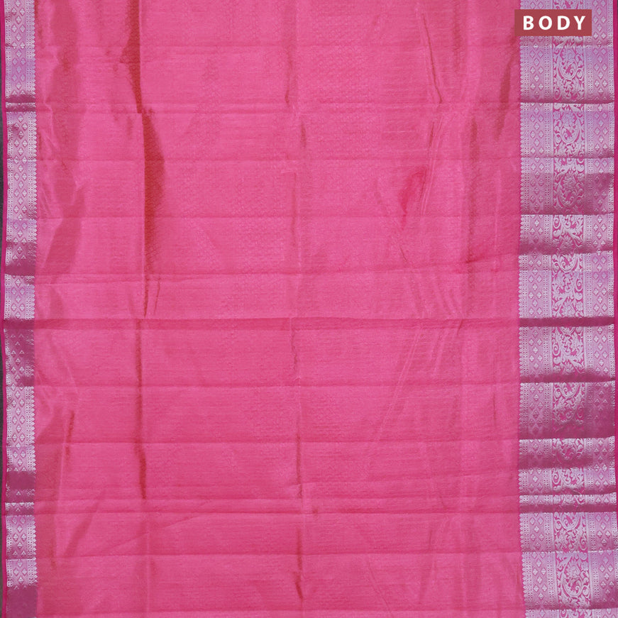 Semi raw silk saree dual shade of pink with allover self emboss and long silver zari woven border