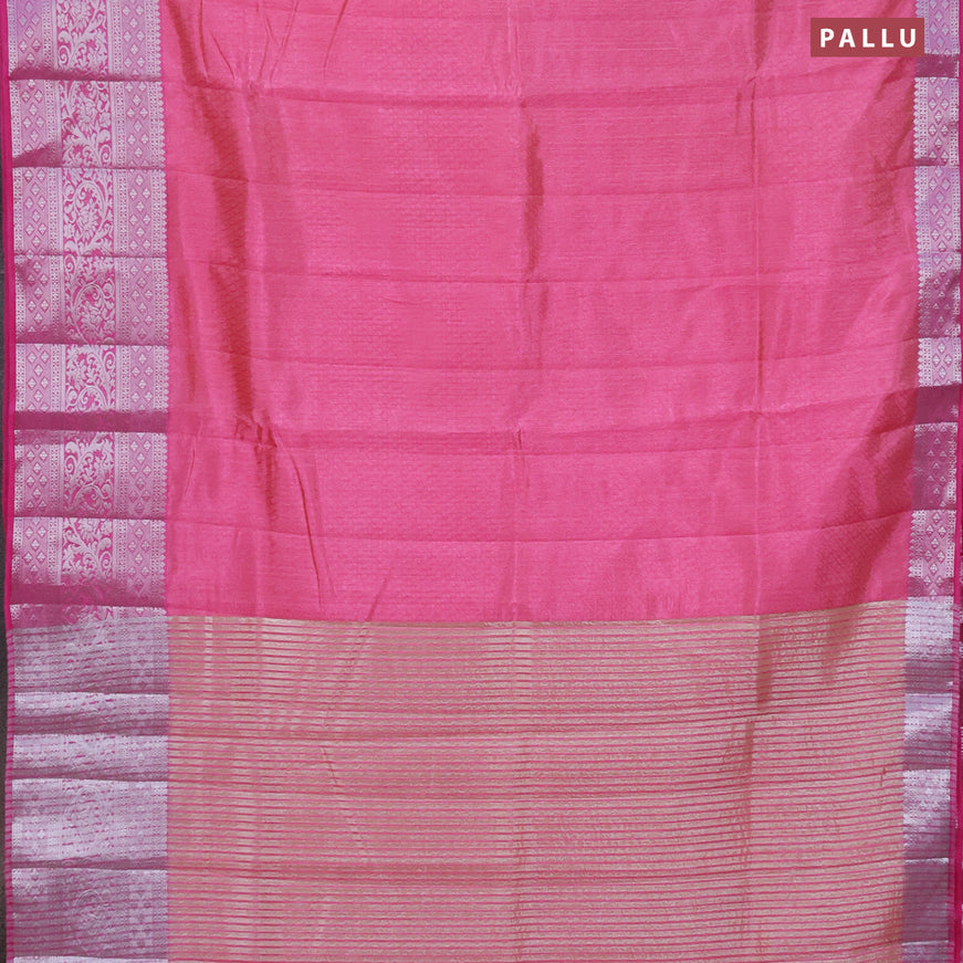 Semi raw silk saree dual shade of pink with allover self emboss and long silver zari woven border