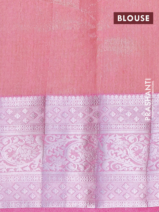 Semi raw silk saree dual shade of pink with allover self emboss and long silver zari woven border