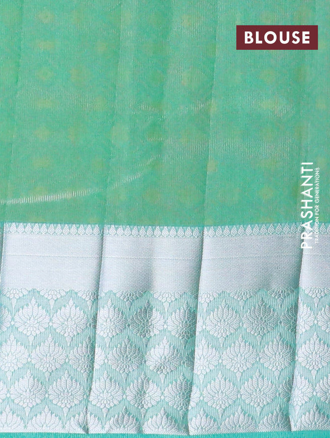 Semi raw silk saree dual shade of teal green with allover self emboss and long silver zari woven border