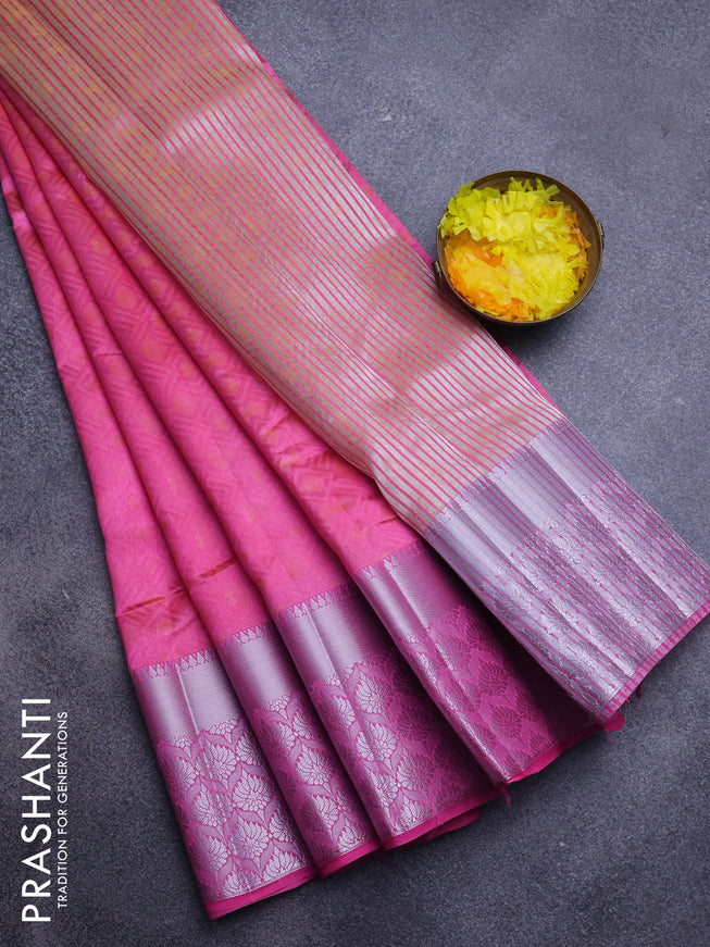 Semi raw silk saree dual shade of pink with allover self emboss and long silver zari woven border