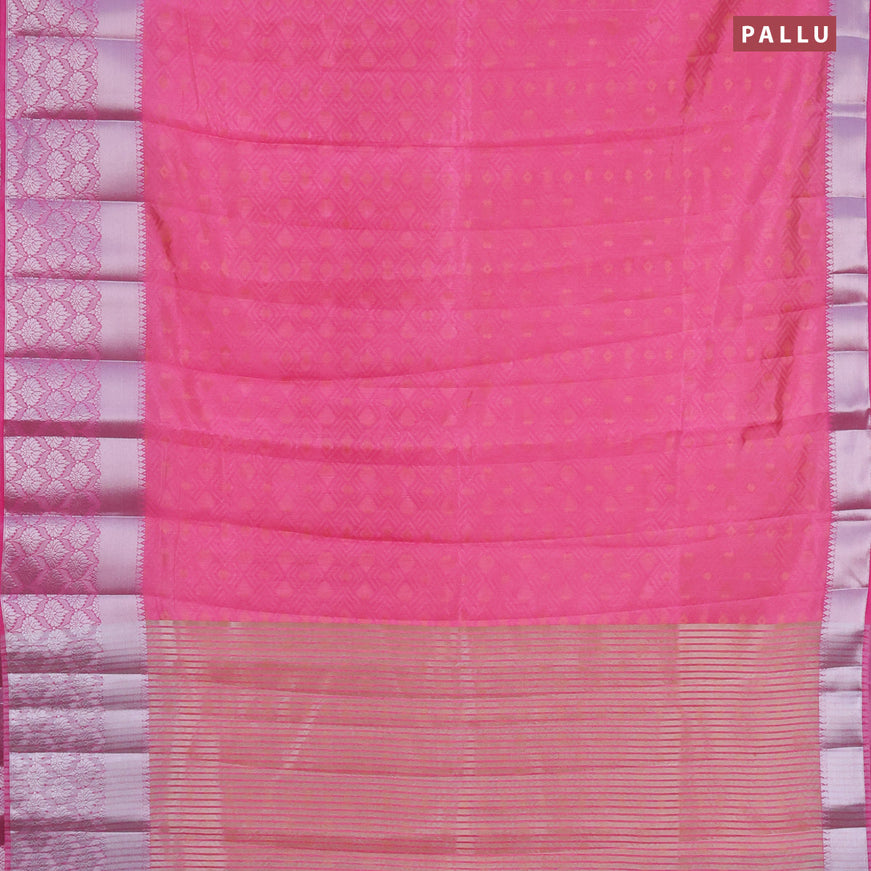 Semi raw silk saree dual shade of pink with allover self emboss and long silver zari woven border