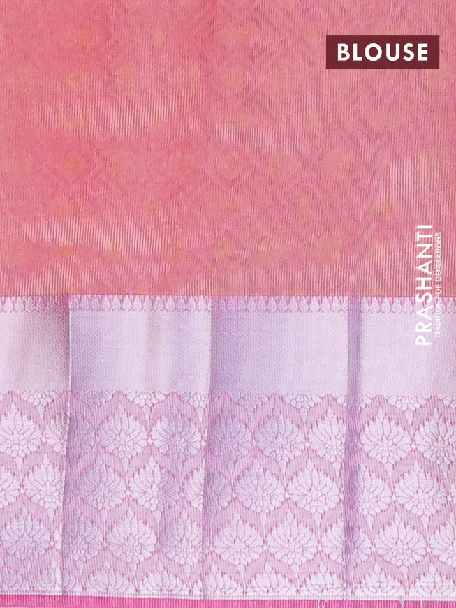 Semi raw silk saree dual shade of pink with allover self emboss and long silver zari woven border