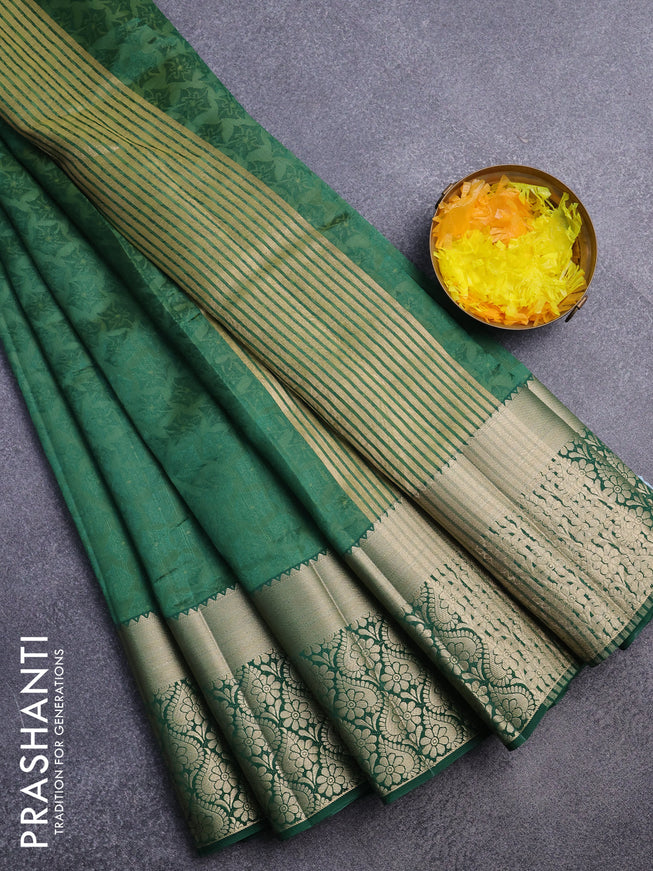 Semi raw silk saree green with allover self emboss and long zari woven border