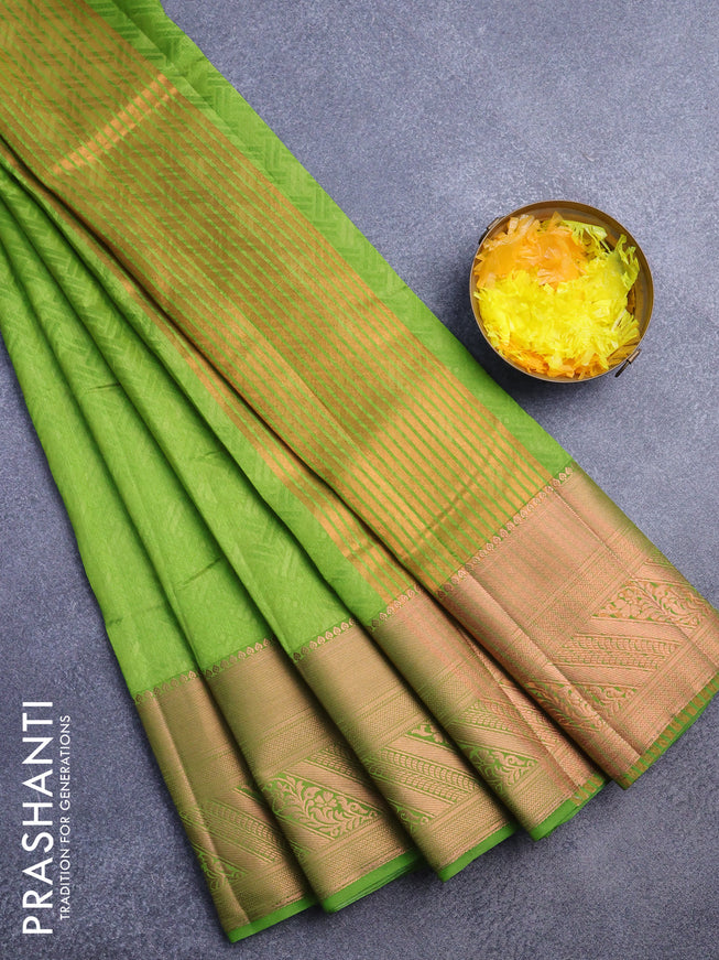 Semi raw silk saree light green with allover self emboss and long copper zari woven border