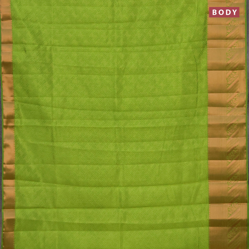 Semi raw silk saree light green with allover self emboss and long copper zari woven border