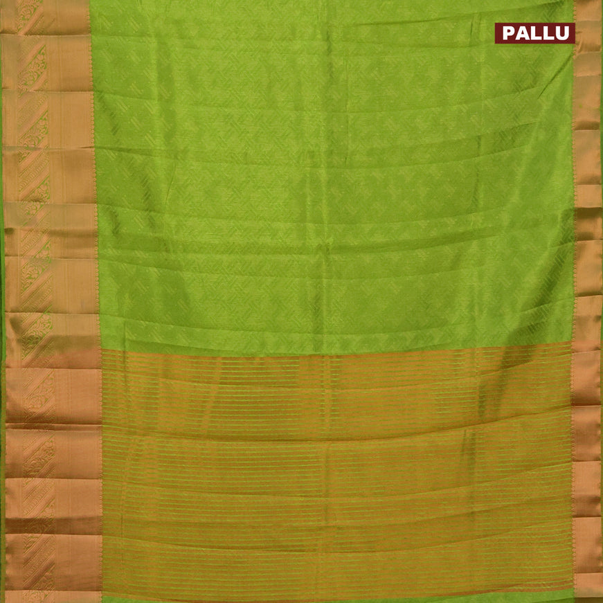 Semi raw silk saree light green with allover self emboss and long copper zari woven border