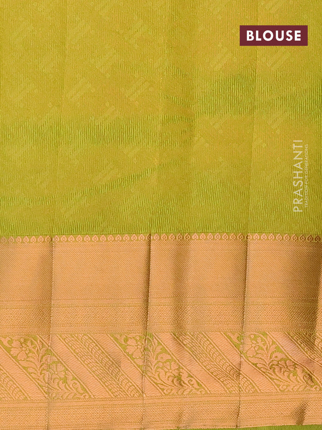 Semi raw silk saree light green with allover self emboss and long copper zari woven border